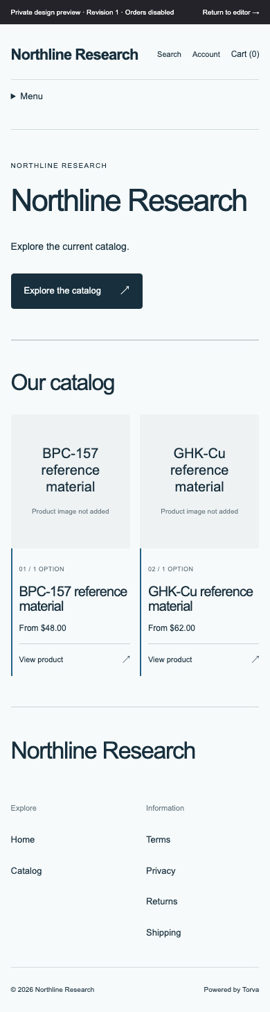 Torva Desk storefront on mobile viewport — synthetic demo data