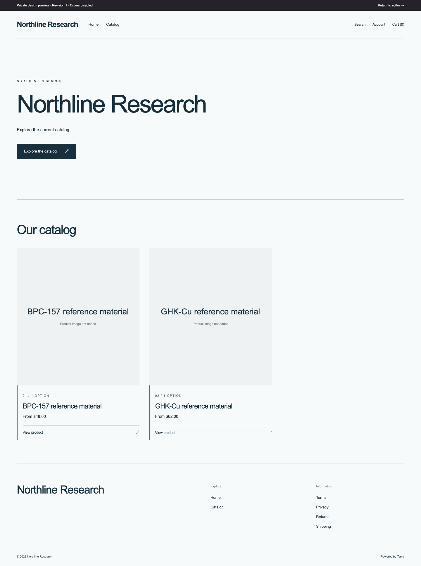 Torva Desk storefront workspace — synthetic demo data