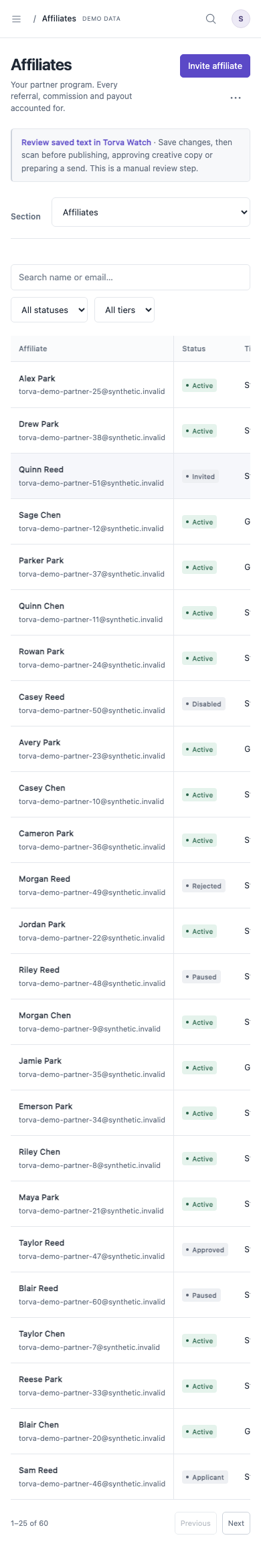 Partner portal on mobile — synthetic demo data