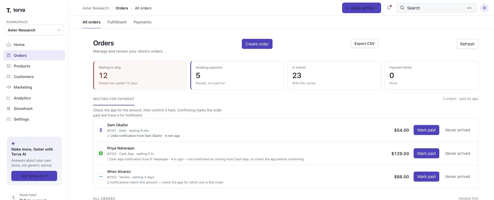 Torva Orders workspace with synthetic order data