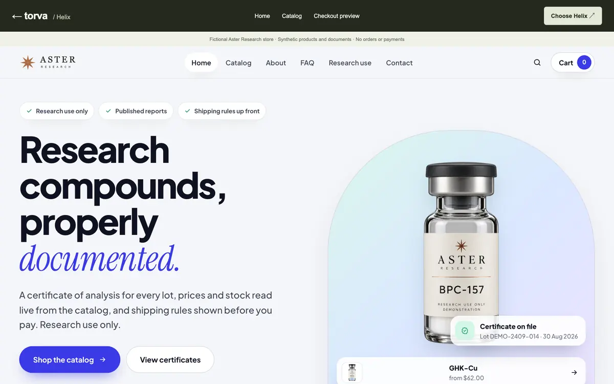 A Torva storefront preview for the fictional Aster Research store, with its catalog and research-use notice