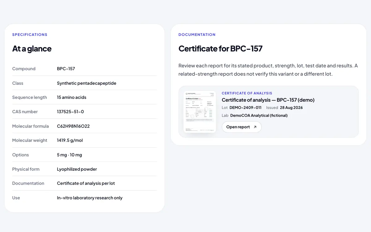 An Aster Research demo product page with its certificate of analysis listed by lot and test date