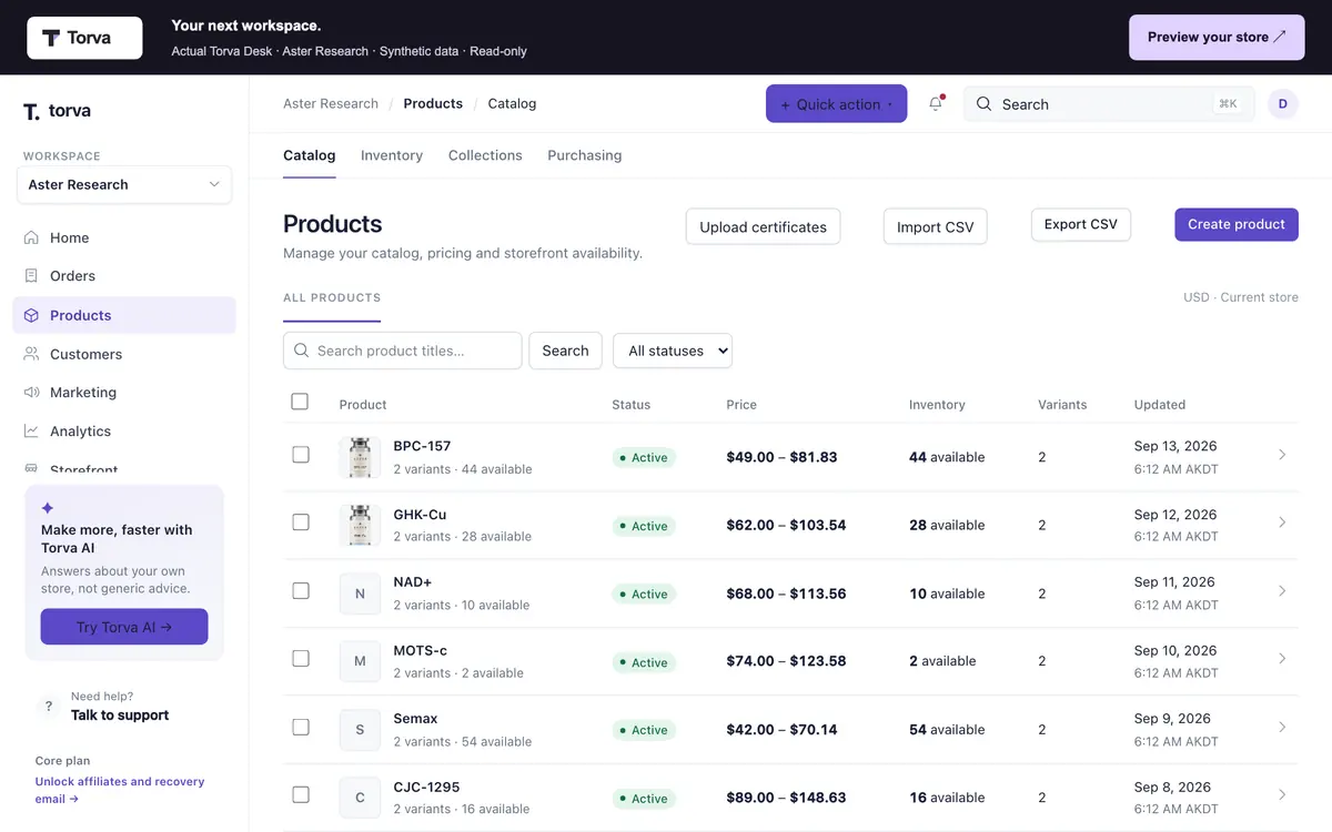 Torva Store health for the demo store, showing redirects from old product and page URLs