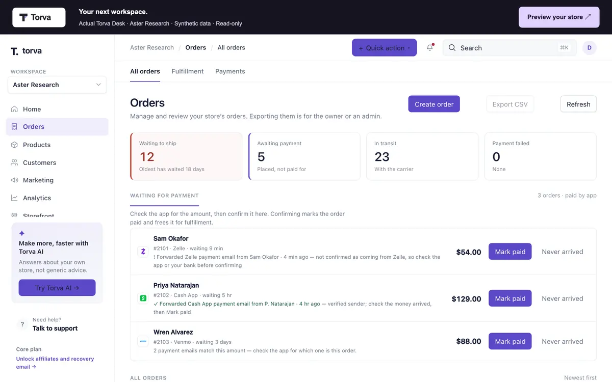 Torva Orders, Waiting for payment: demo Zelle, Cash App and Venmo orders with how long each has waited and a Mark paid button