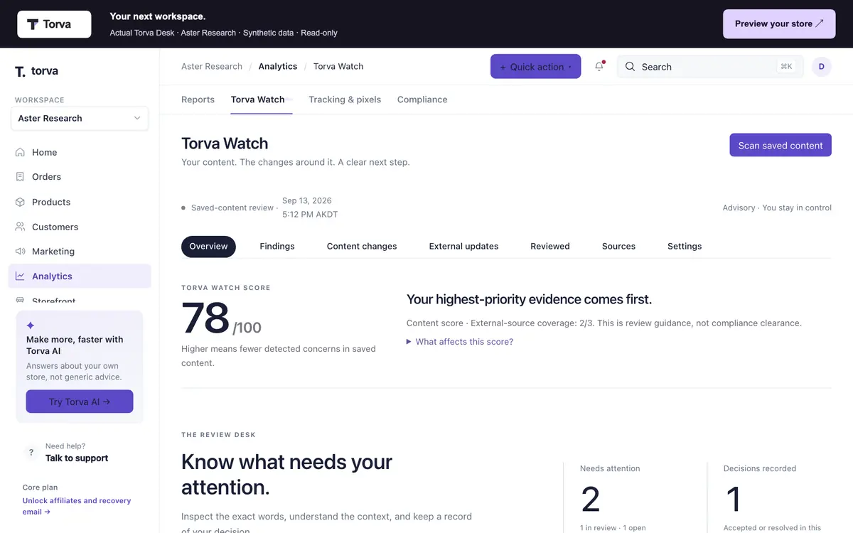 Torva Watch in the Desk, listing content findings for the Aster Research demo store with the exact passage to fix